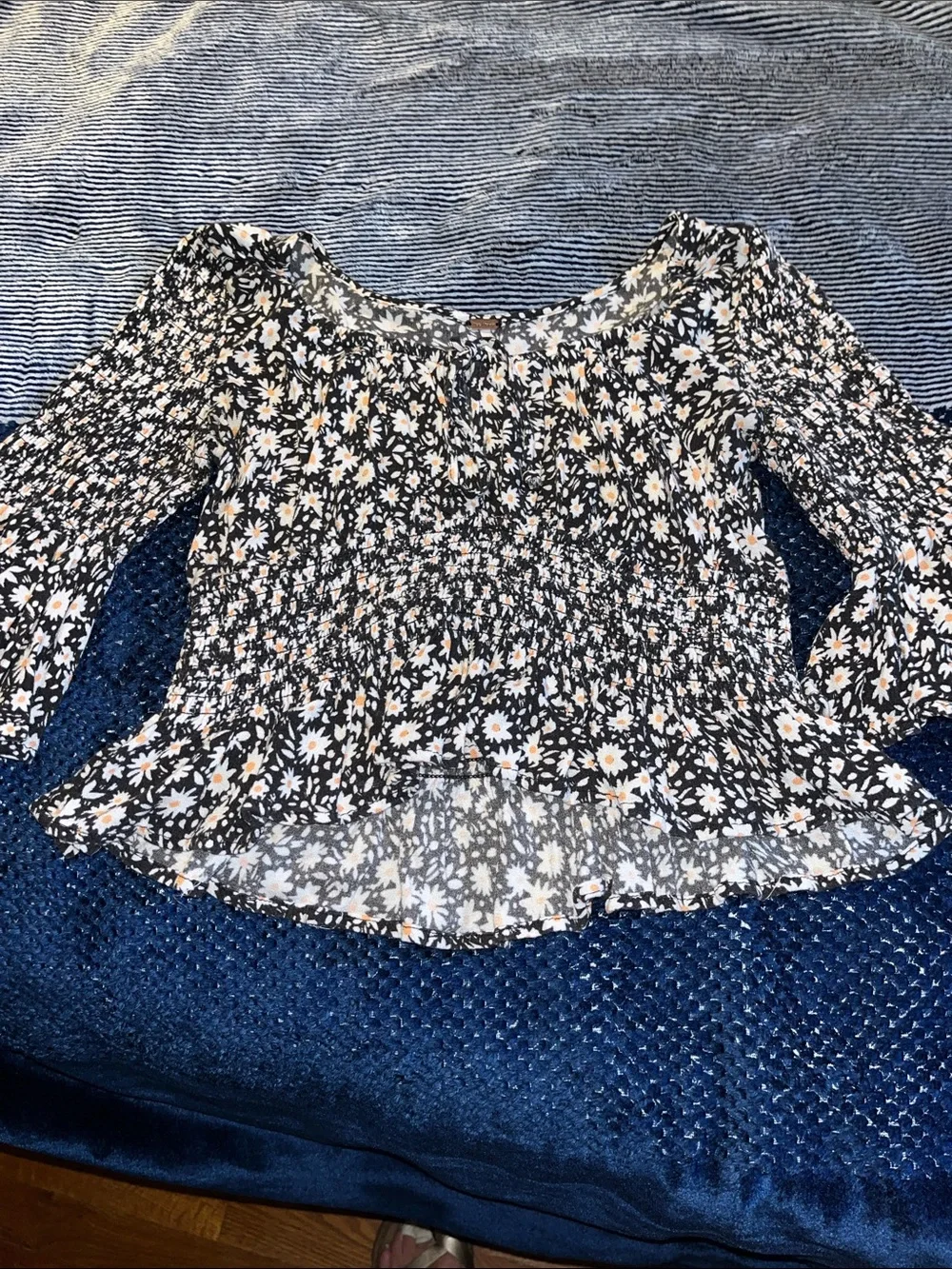 Floral Smocked Peplum Top - Black Floral Free People size small.